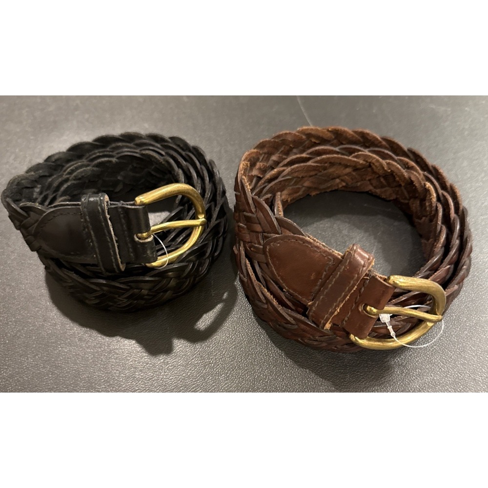 Womens Size 38 Black Brown Braided Woven Genuine Leather Belts Belt Set Of 2